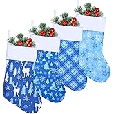 Whaline Christmas Stockings 4Pcs 18 Inch Large Flannel Xmas Stockings Snowflakes Plaids Reindeer Christmas Tree Fireplace Hanging Ornaments for Family Christmas Holiday Party Gifts Decor