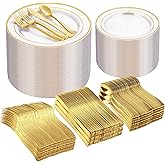 I00000 600Pcs Clear Gold Plastic Plates for 100 Guests, Plastic Dinnerware Set of 100 Gold Disposable Plates, 100 Dessert Plates, 200 Forks, 100 Knives and 100 Spoons Perfect for Party & Wedding