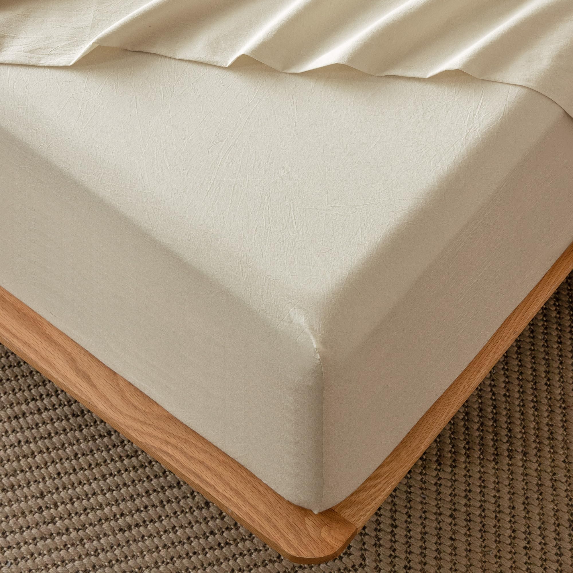 Photo 1 of MooMee Fitted Bottom Sheet Only 100% Washed Cotton Linen Like Textured Breathable Durable Soft Comfy Deep Pocket Fits Mattress up to 17" (Almond Milk Grey, Queen)