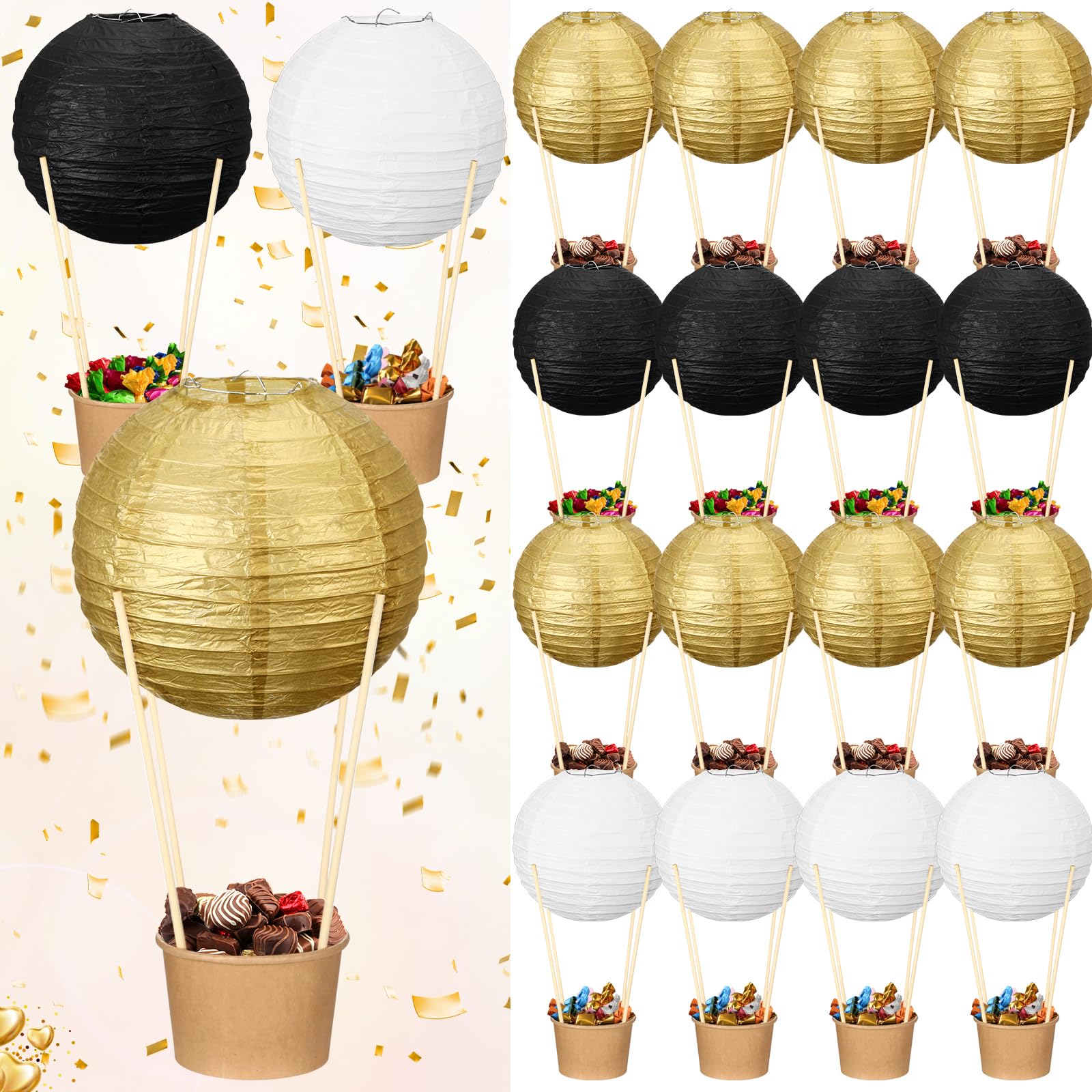 Photo 1 of Honeydak 24 Set Hot Air Balloon Decorations Baby Shower Centerpieces for Tables DIY Paper Lanterns Basket with Sticks Black and Gold Birthday Wedding Retirement Anniversary Decorations