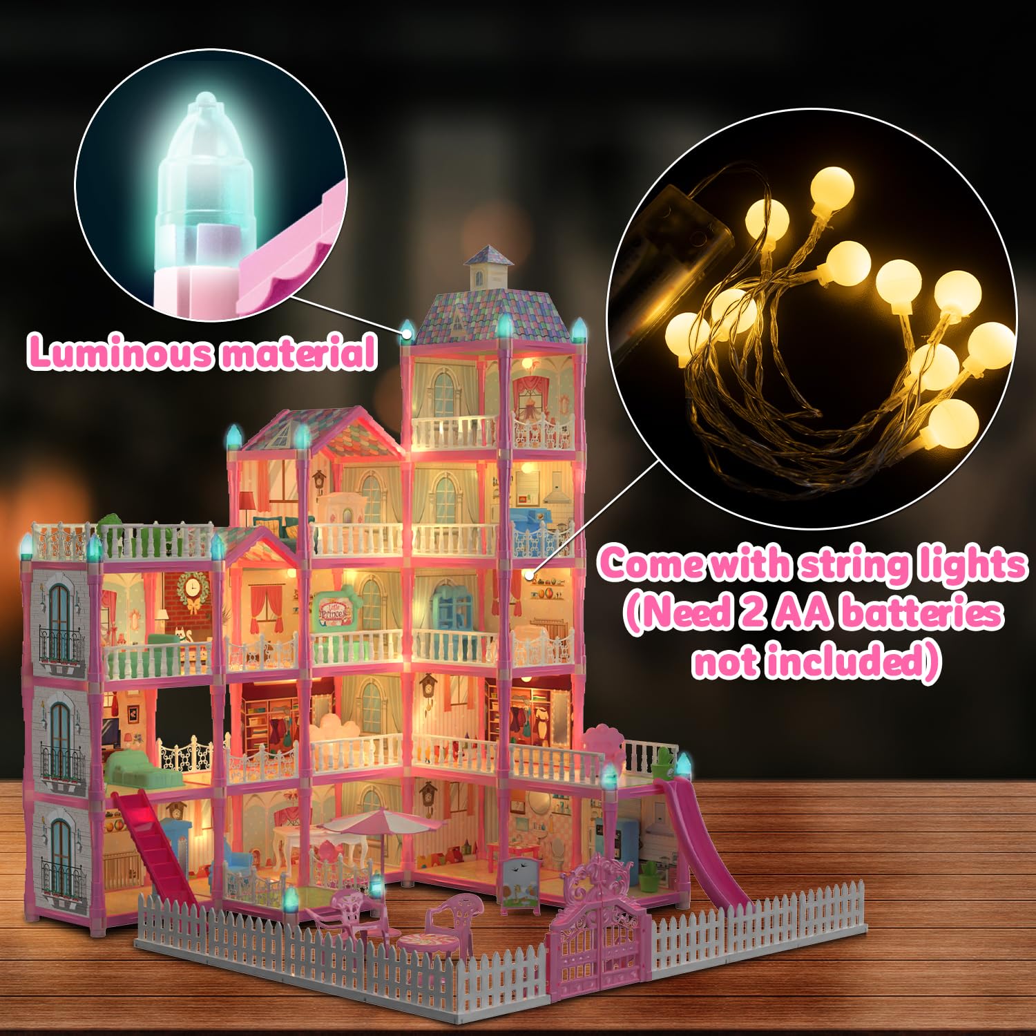 (13 Rooms) 292 PCS Dollhouse Building Playset, Pink Princess Castle Playhouse with Dolls, Furniture, Accessories, Pretend Play Dreamhouse Toys for 3 4 5 6 7 8 9 10 Years Old Girls Kids Toddlers Gifts