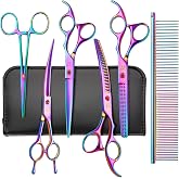 CITYWISH Dog Grooming Scissors-7" Dog Grooming Shears Set 6PCS Rainbow | Rainbow Curved Chunkers Shears with Safety Round Tips,Sharp and Durable 6 in 1 Dog Scissors for Grooming