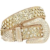 WHIPPY Women Rhinestones Leather Belts Bling Studded Western Cowgirl Waist Belt for Jeans Pants with Removable Buckle