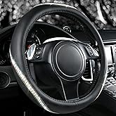 CAR PASS Bling Diamond Black Leather Steering Wheel Cover, Studded Crystal Rhinestones Universal Fit 14" 1/2-15" Glitter for Women Sparkle Girl Fit Suvs,Vans,Sedans,Car,Trucks, Multicolor Diamond