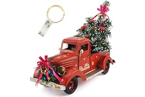 XQIGI Red Metal Truck Model with Christmas Tree Ornaments Bell, String Light, Vintage Farmhouse Pickup Truck Crafts for Table Top Xmas Decorations, Fireplace Decor Collectible Vehicles 15''（Large）
