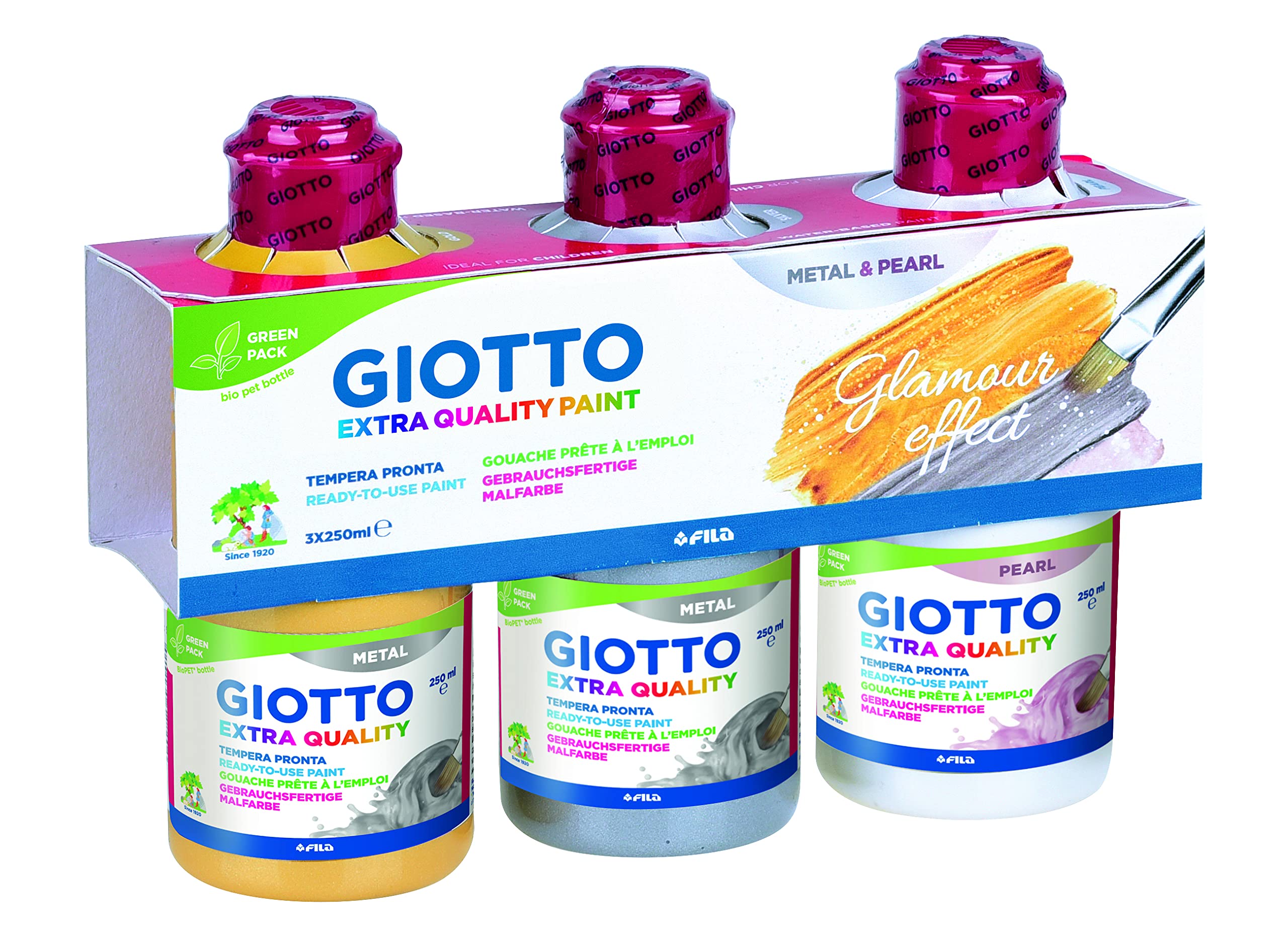 GIOTTO Extra Quality Glitter Paint, Ready To Use, 250ml x 3 Metal & Pearlescent Colours, For Children, Parties and Schools