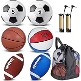 Sratte 6 Pcs Sports Balls Set for Teens Adults Official Size Football Soccer Basketball with Pump Sports Equipment Bag for Youth Training Practice Sport Gift Back to School
