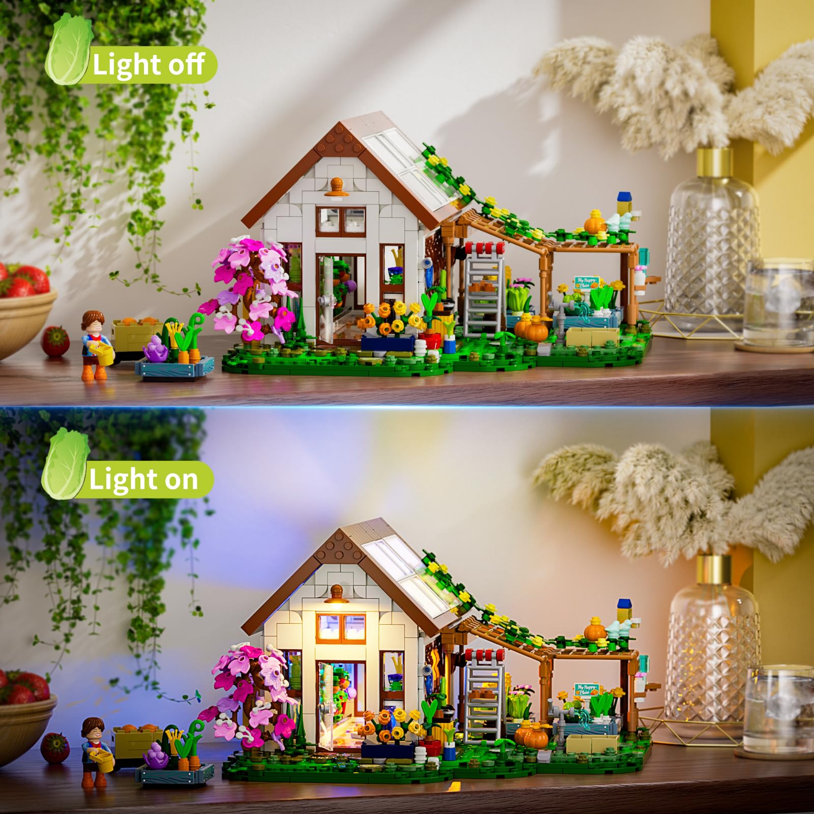 FUNWHOLE Botanisches Gewächshaus Beleuchtetes Baustein-Set – Farm Blumenhaus mit LED Licht, Modularer Modellbausatz, 1428 Teile für Erwachsene und Jugendliche, die Blumen und Pflanzen lieben 2