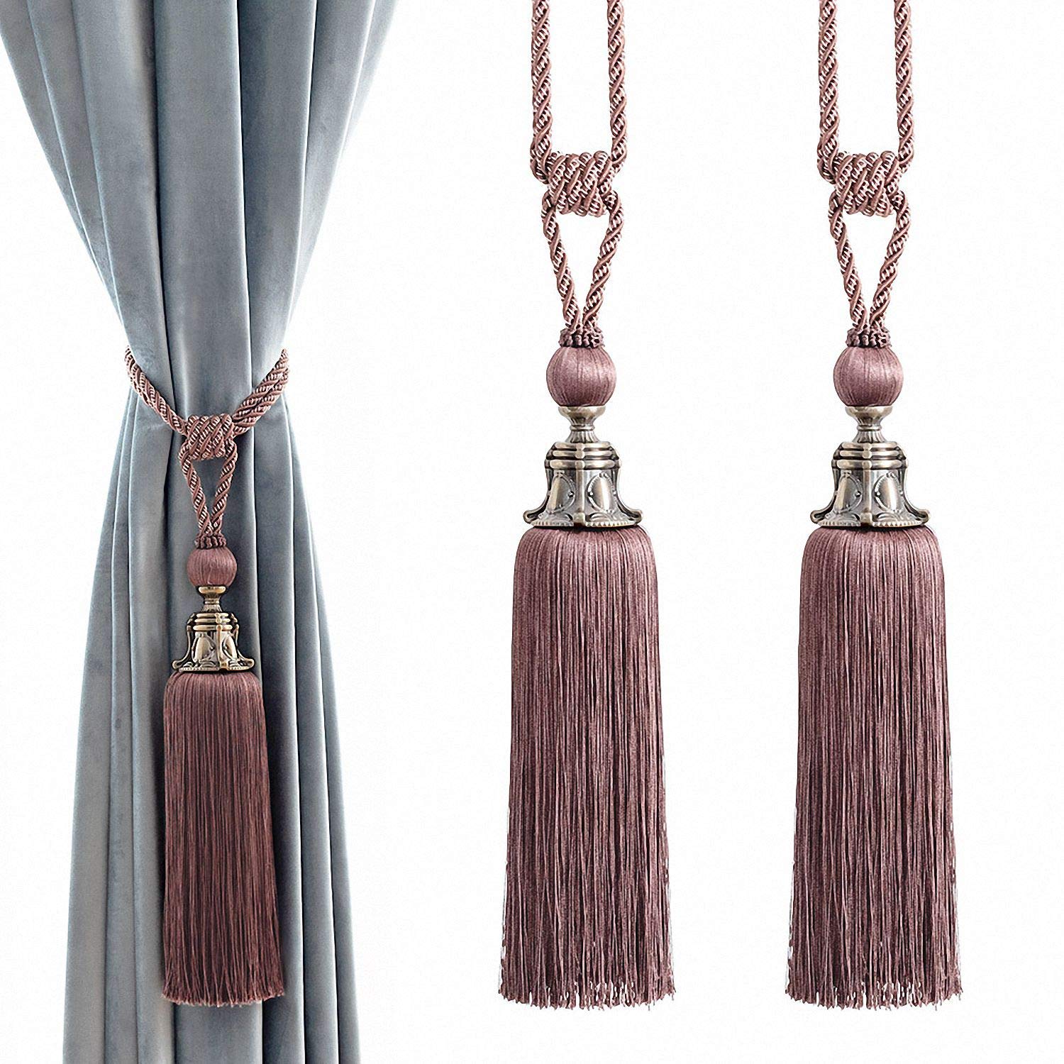 Melodieux Decorative Curtain Tiebacks Antique Tassels Holdbacks - Home Office Windows Drapery Fasteners Fringe Ropes, Set of 2 (Pink)