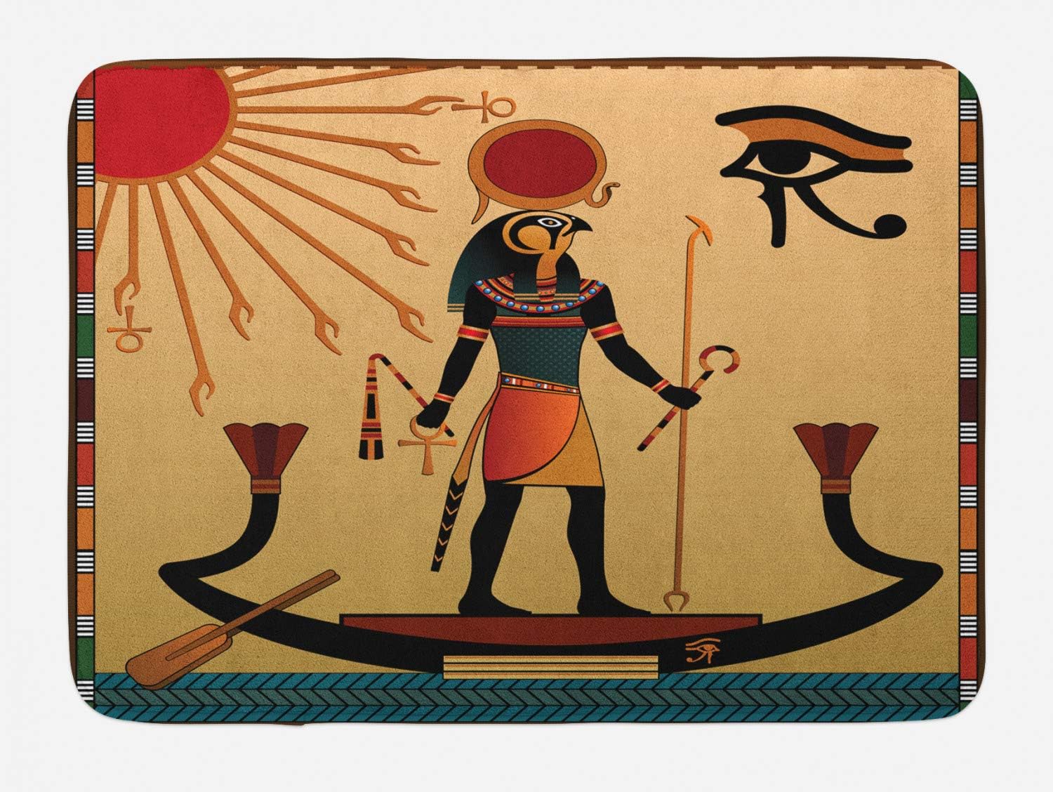 Ambesonne Egyptian Print Bath Mat, Sun Old Egyptian Timeless Grace Tradition Illustration, Plush Bathroom Decor Mat with Non Slip Backing, 29.5