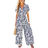 CUPSHE One Piece Jumpsuits for Women Casual Summer V Neck Batwing Sleeve Wide Leg Elegant Overalls Sexy Vacation Outfits Floral Blue M
