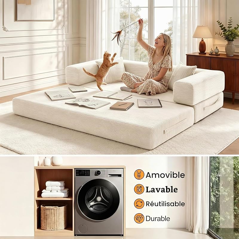 200cm 5 en 1 Canapé Compressé, Fabriqué en Velours Côtelé de Haute Qualité avec Forme de Mémoire Haute Densité Versatile Canapé Convertible 3 Places pour Pièce Compacte, Blanc
