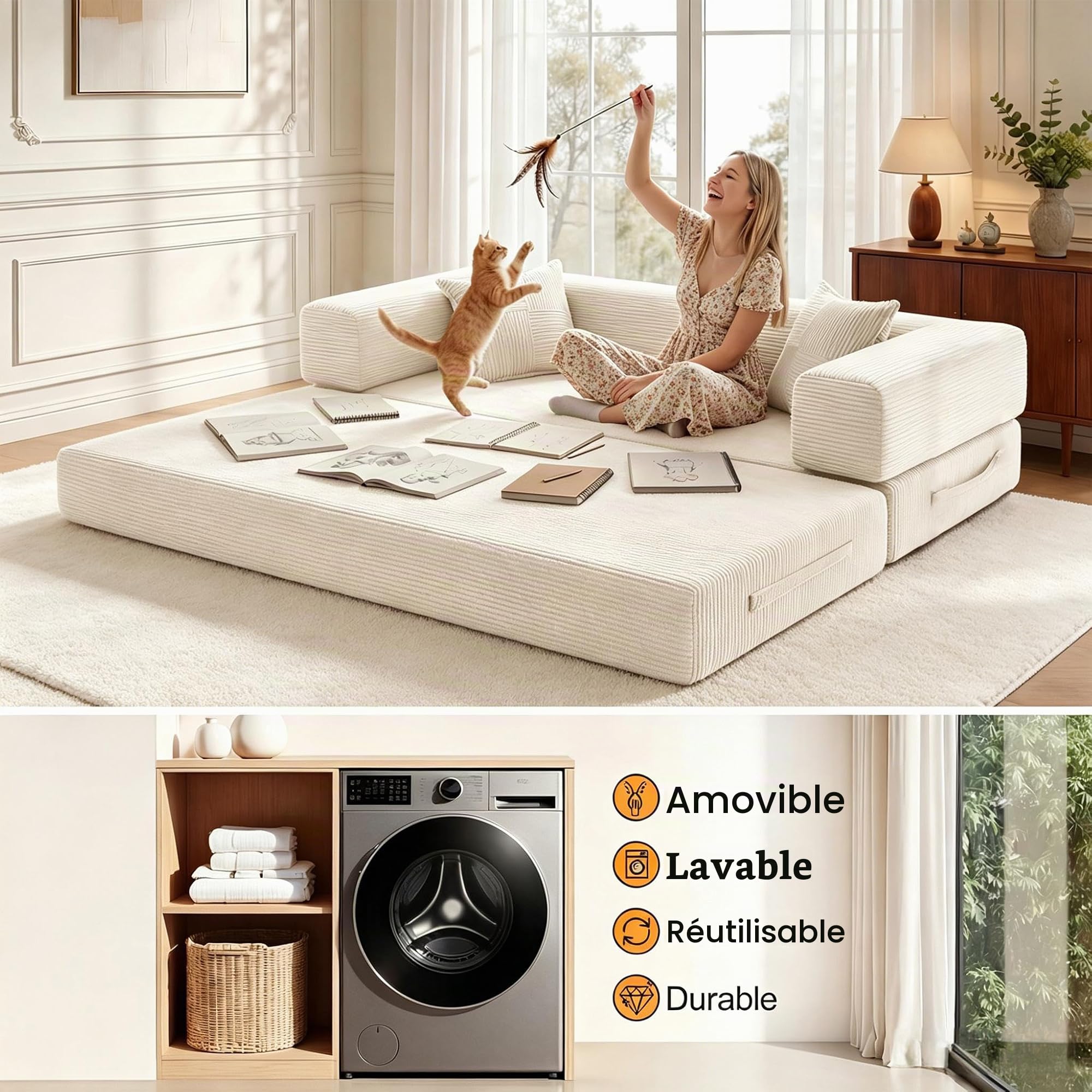 200cm 5 en 1 Canapé Compressé, Fabriqué en Velours Côtelé de Haute Qualité avec Forme de Mémoire Haute Densité Versatile Canapé Convertible 3 Places pour Pièce Compacte, Blanc