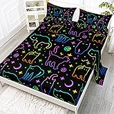 Axolotl Black Cat Bedding Cartoon Cat Sheet Set Twin,Moon Stars Printed Kids Bedding for Girls Boys Room Decor,Kids Sheets Set,1 Fitted Sheet 1 Flat Sheet 2 Pillowcases,Neon Color Purple Blue Green