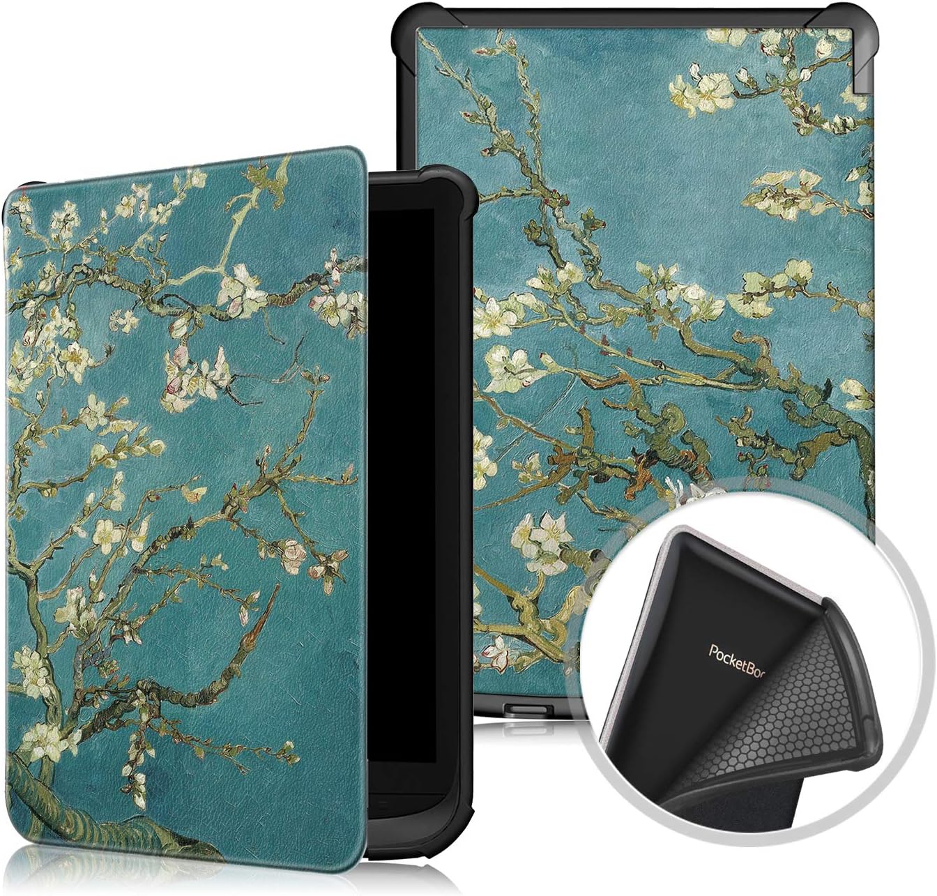 HereMore Case for PocketBook Touch Lux 4 / Basic Lux 2 / PocketBook 627 616 632 (6"), Ultra Slim Lightweight Flip Cover Smart Leather Case Protective Shell with Auto Wake/Sleep Function, Flower