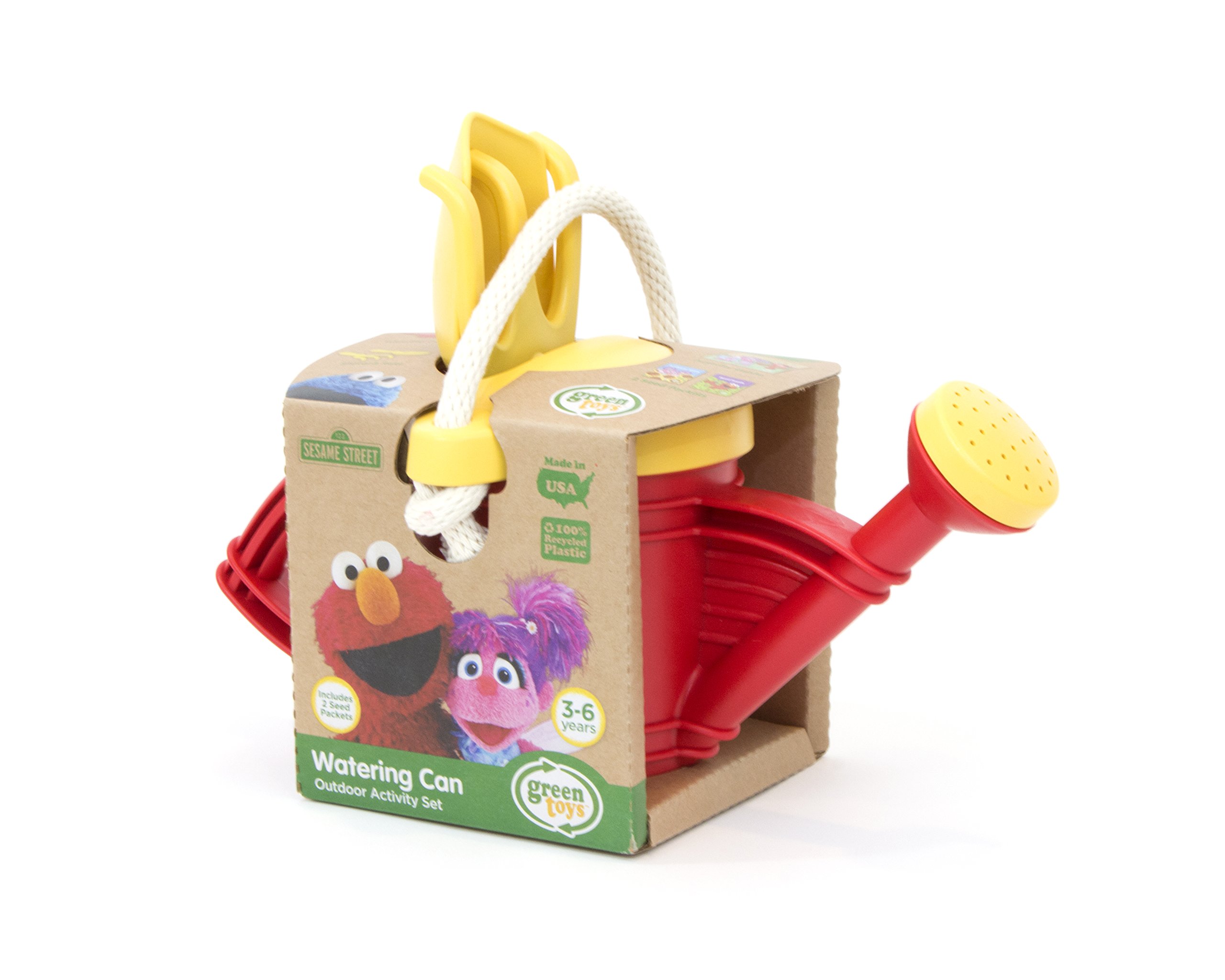 Green Toys Sesame Street Elmo Watering Can Outdoor Activity Set, Red/Yellow - 6 Piece Pretend Play, Motor Skills,No BPA, phthalates, PVC. Dishwasher Safe, Recycled Plastic, Made in USA.