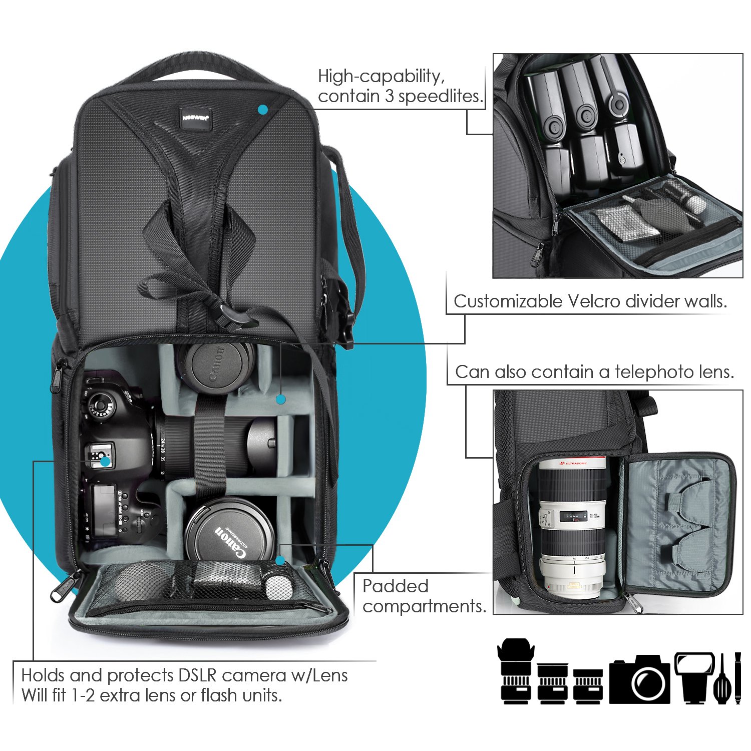 Neewer Camera Sling Backpack Case 9.8x7.9x16.9 Inches/24