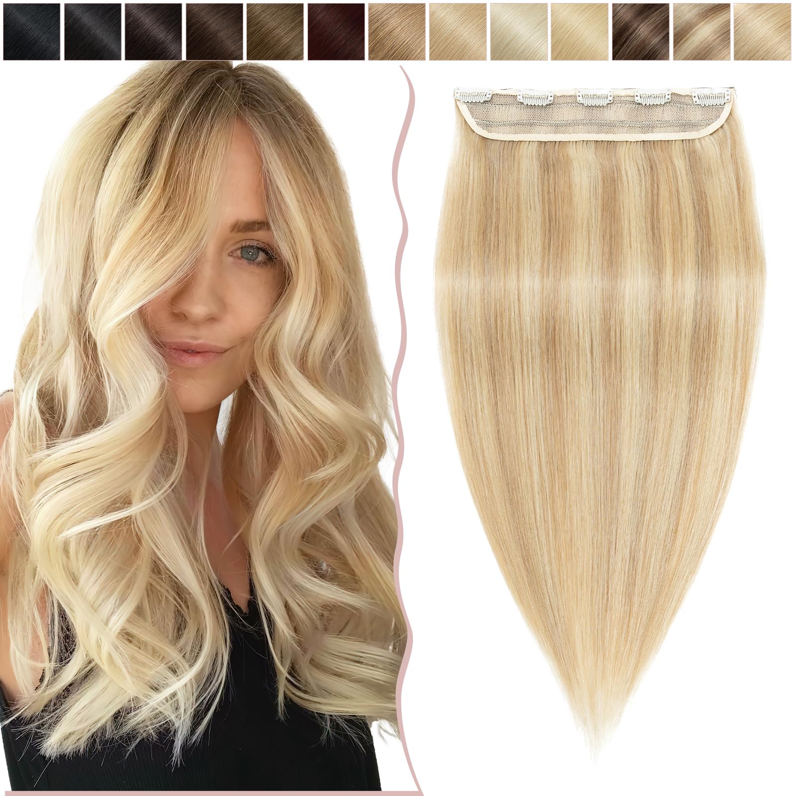 14 inch SEGO Clip in Hair Extension Human Hair One Piece THICK [#18/613 Ash Blonde&Bleach Blonde] 100% Real Remy Hairpieces 3/4 Full Head Straight (75g)