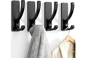 PICKPIFF Adhesive Wall Hooks for Towels Coats - Stick On Hooks Hanging Heavy Duty (13lb), Metal Hook for Door, Bathroom, Dorm, Closet - Hanger for Purse, Bag, Robe,Backpack - No Damage to Wall - Black 4 Pack