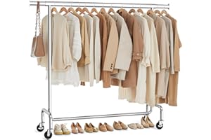 SONGMICS Clothes Rack with Wheels, Heavy-Duty Garment Rack with Extendable Hanging Rod, 286.6 lb Load Capacity, 17.7 x (43.3-59.1) x 64.1 Inches, Chrome-Plated, Silver UHSR11S