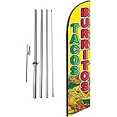 Tacos Burritos Mexican Restaurant Advertising Feather Banner Swooper Flag Sign with Flag Pole Kit and Ground Stake, Red Yellow Theme