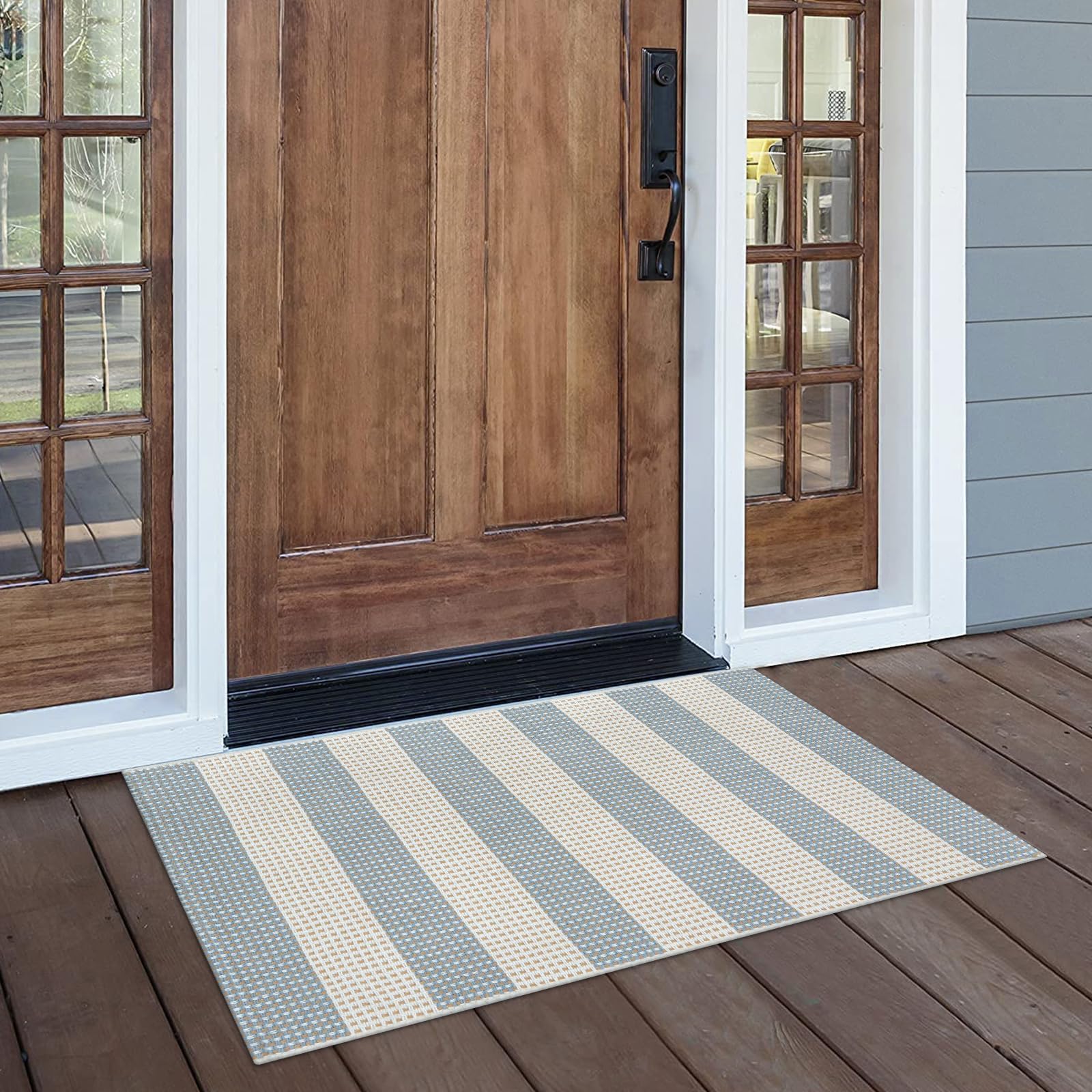 Photo 1 of LEEVAN Door Mat Outdoor Entrance 24''x35'', Washable Striped Front Porch Rug, Blue and White Buffalo Welcome Mat, Spring Outside Entryway Rugs, Cotton Woven Indoor Outdoor Layered Doormats