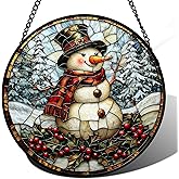 JOSUMALY Stained Glass Window Hanging - Christmas Snowman Suncatcher for Door Terrace Garden Home Decor Winter Forest Snow Sun Catcher Birthday Gifts for Lovers Women Men Dad Mom Nana 7.8 in
