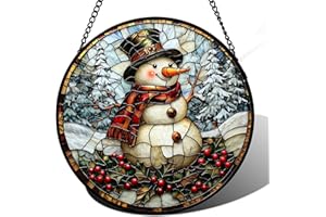 JOSUMALY Stained Glass Window Hanging - Christmas Snowman Suncatcher for Door Terrace Garden Home Decor Winter Forest Snow Sun Catcher Birthday Gifts for Lovers Women Men Dad Mom Nana 7.8 in