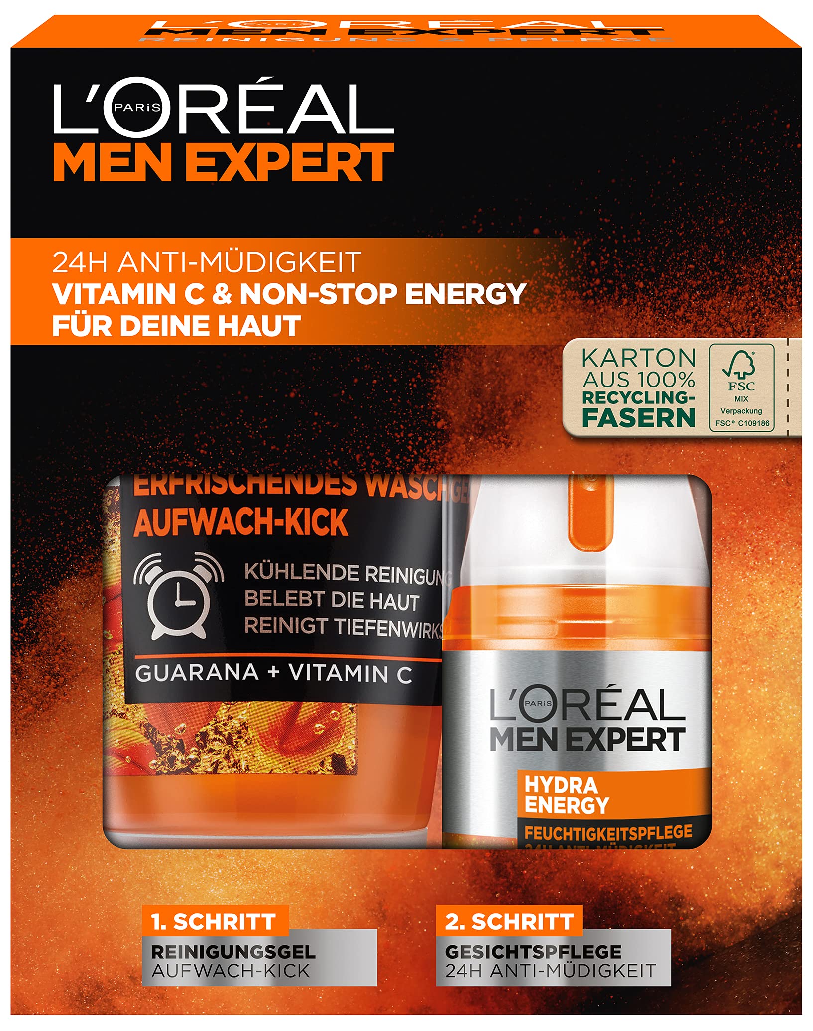 L'Oréal Men Expert Gift Set for Men with Wash Gel and 24-Hour Moisturiser with Guarana and Vitamin C, Hydra Energy Care Set, 1 x 150 ml