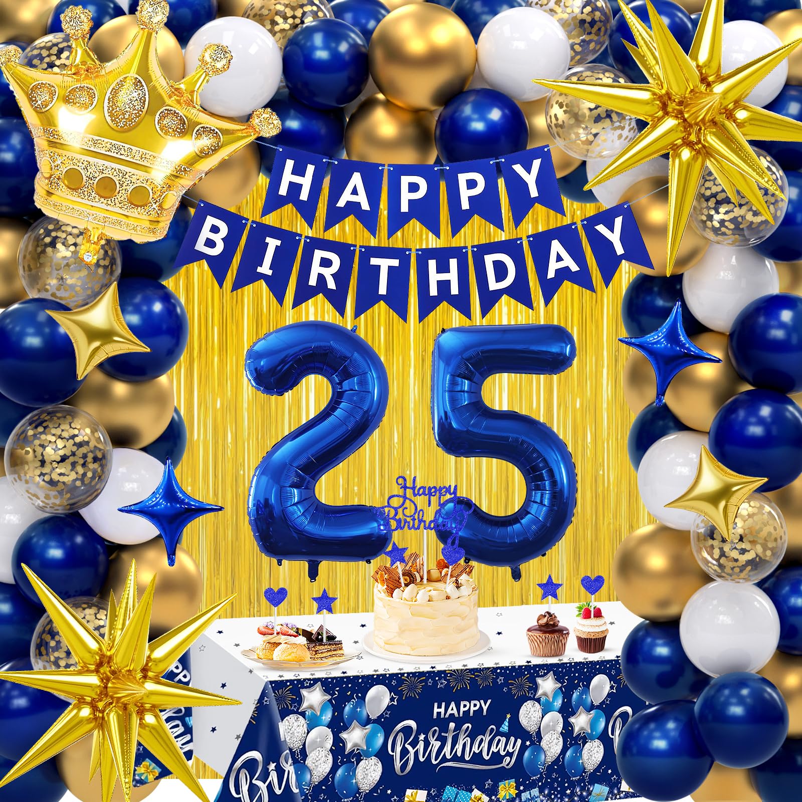 Photo 1 of 25th Birthday Decorations for Men, Navy Blue Gold Happy 25 Birthday Party Decorations Include Happy Birthday Banner, Number 25 Balloons, Fringe Curtain, Crown, Star Foil Balloons, Cake Topper