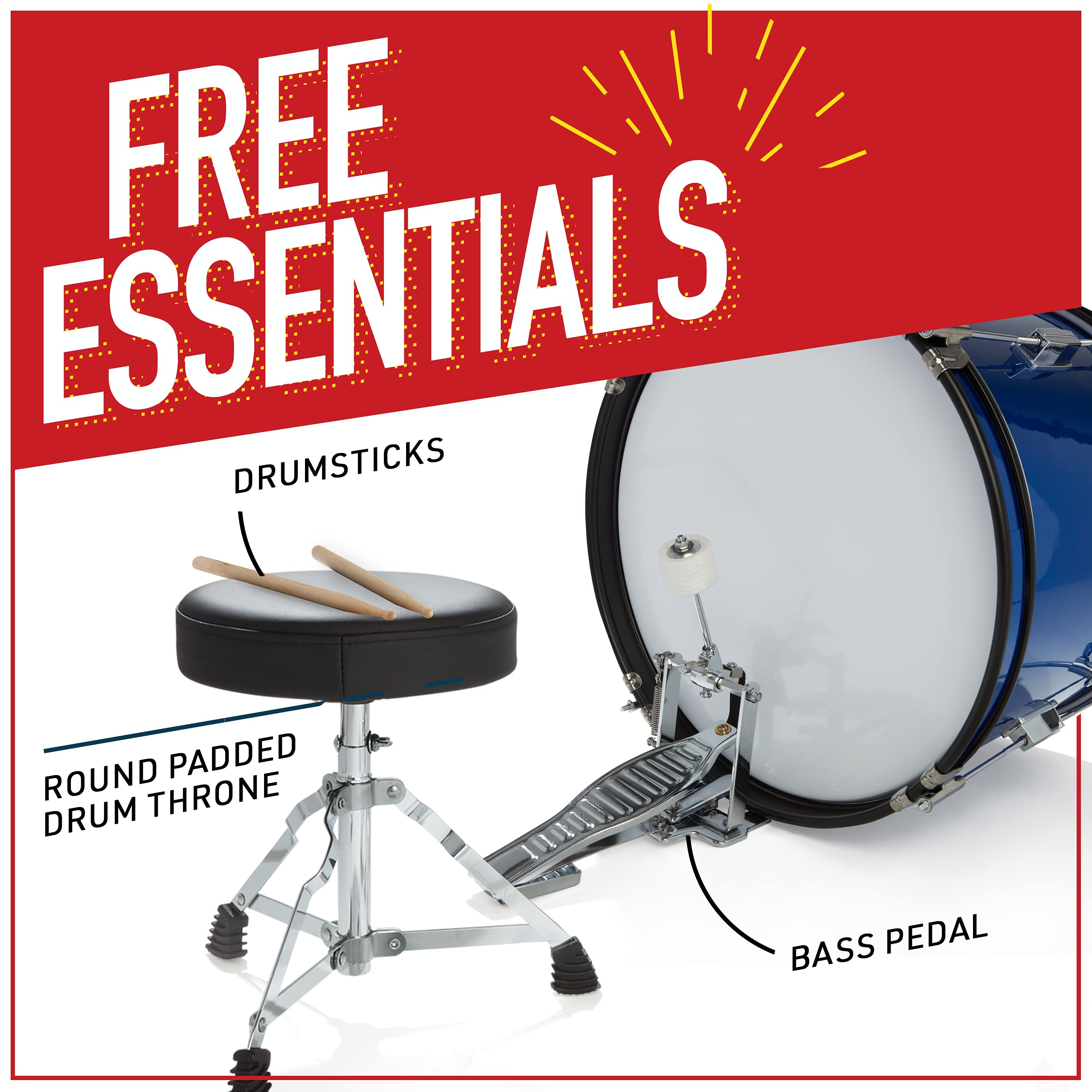 Mendini by Cecilio Kids Drum Set, 5 Piece 16 Inch Junior Drums Kit with Bass, Toms, Snare Drum, Cymbal, Hi-Hat, Drumsticks & Seat for Beginner Student (Metallic Blue)