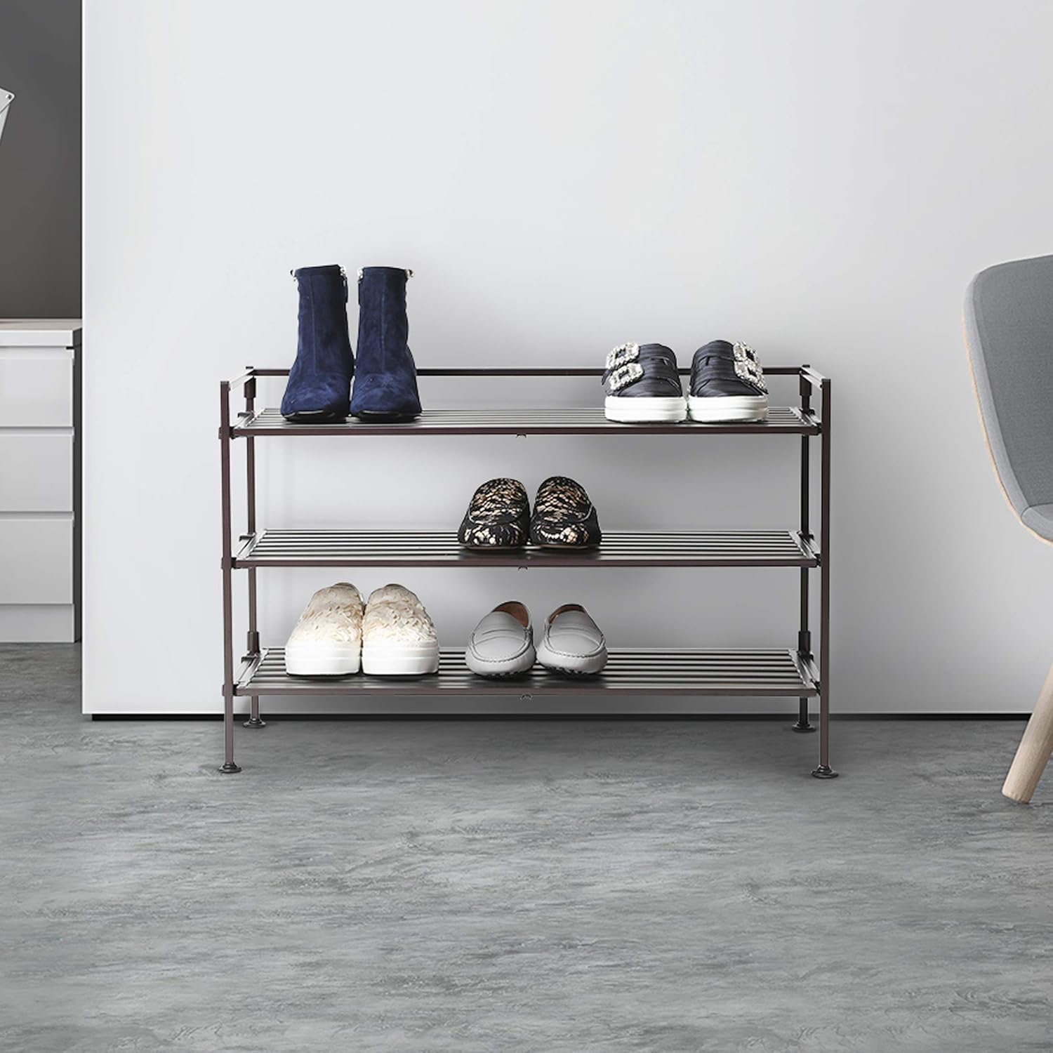 Seville Classics 3-Tier Stackable 12-Pair Shoe Rack Wood Resin Metal Freestanding Storage Shelf for Bedroom, Closet, Entryway, Dorm Room, Espresso Slat: Home & Kitchen
