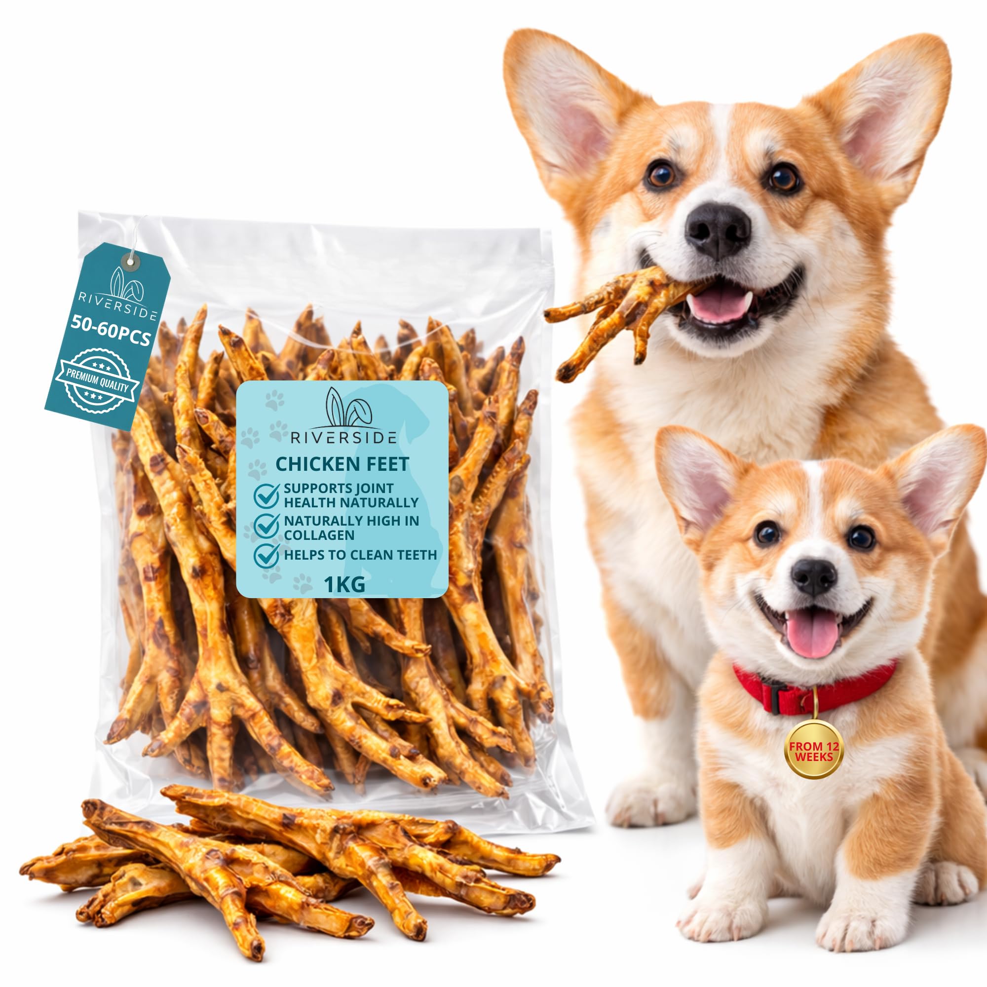 Riverside Dried Chicken Feet 1KG - For Small & Large Dogs – Air Dried Natural Dog Chew Treats | Grain, Gluten & Lactose Free Hypoallergenic Treat UK COMPANY
