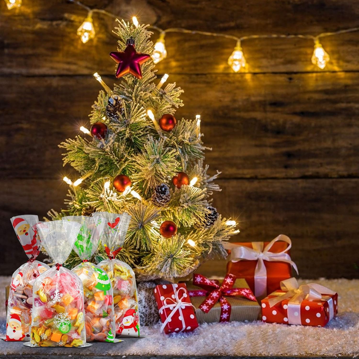 ERKOON 200 PCS Christmas Cellophane Candy Gift Bags Cookie Treat Bags Clear sweet Bags with 250 PCS Twist Ties for Party Festival Favor 4 Styles(Christmas tree - Image 5
