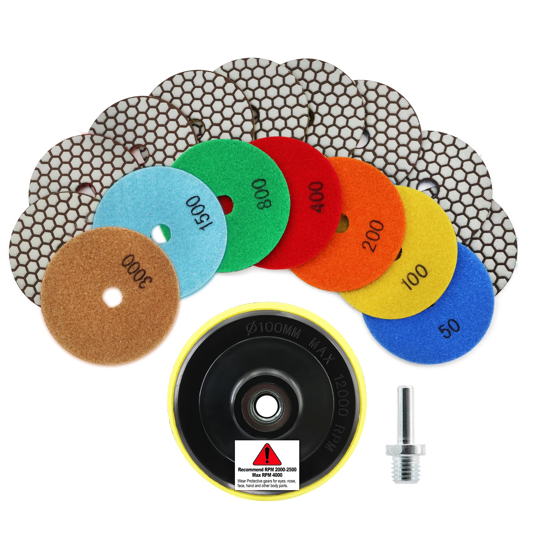 Diamond Dry Polishing Pad LEKOMESH - 7pcs 4 Inch(#50/100/200/400/800/1500/3000) + M14 Backer Pad + M14 Round Shank Adapter,Dry Polishing Wheel Set for Granite Marble Artificial Stone Quartz