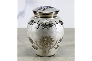 eSplanade Brass Cremation Urn Memorial Jar Pot Container | Medium Size Urn for Funeral Ashes Burial | Floral Engraved Metal Urn | White-Silver - 6" Inches