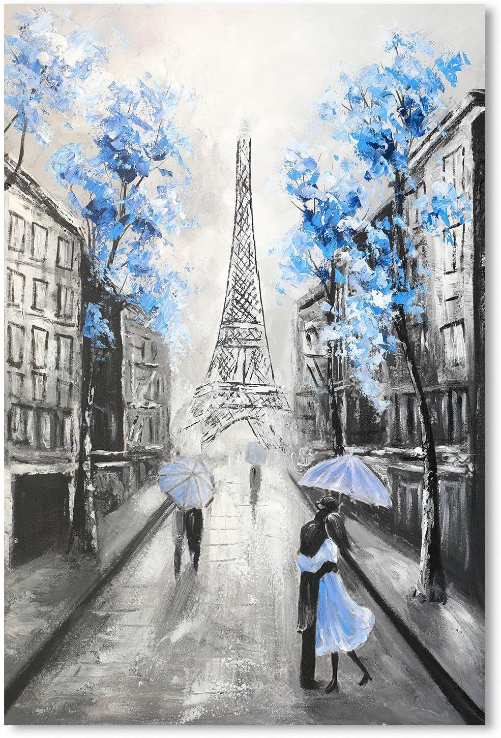 Paintings - YPY Abstract Paris Canvas Wall Art: Black White Eiffel Tower Picture for Living Room Decor, Blue Grey Hand Painted Textured Oil Painting Modern Artwork Home Decoration 16 x 24