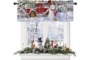 AZVIZANMO Christmas Snowman Valances Windows Curtains Red Truck Xmas Tree Rod Pocket Kitchen Valance Window Treatments Snowy Winter Holiday Christmas Decor Short Curtains for Bathroom 1 Panel, 54" W x 18" L
