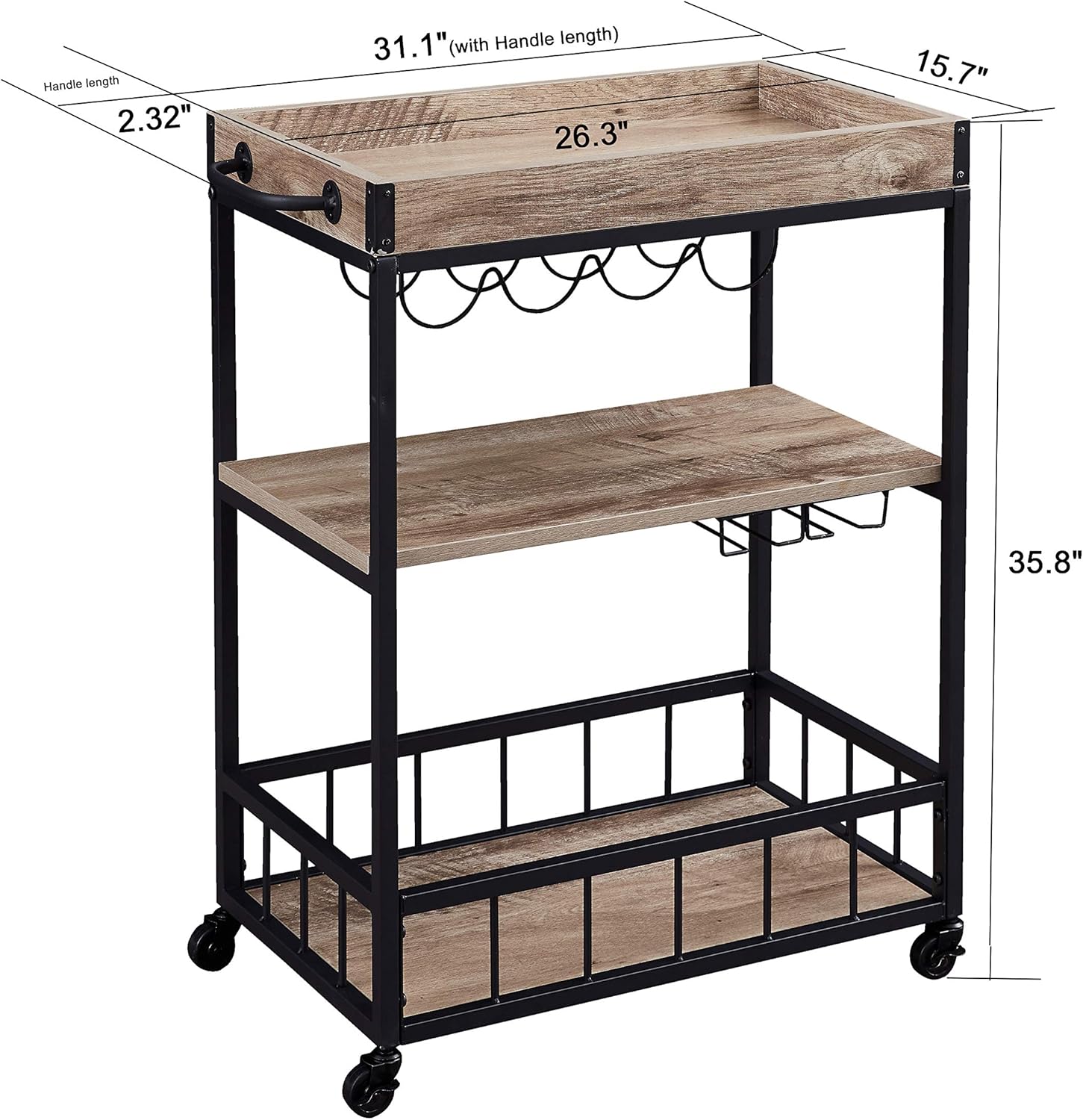 Tayene Bar Serving Cart Home Myra Rustic Mobile Kitchen Serving cart, Industrial Vintage Style Wood Metal Serving Trolley (Oak-A) - Bar & Serving Carts