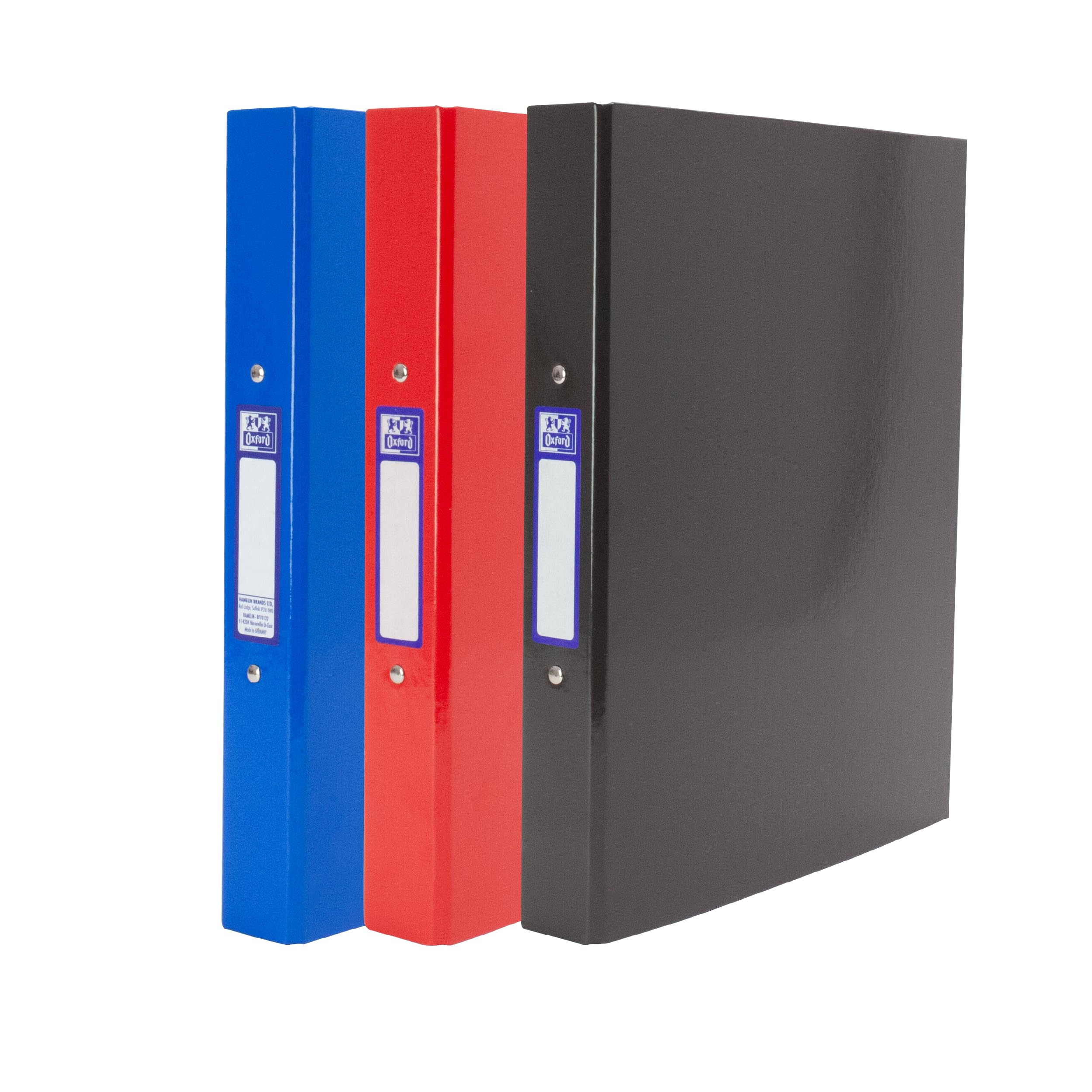 Oxford A4 Ring Binders, 3 Pack of Glossy Red, Black & Blue Folders, Laminated Paper-on-Board, 40 mm Spine