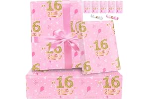 16th Birthday Wrapping Paper Girl,Pink and Gold Gift Wrap Paper for Her,Premium Birthday Gift Wrapping Paper 5 Sheets Thick B