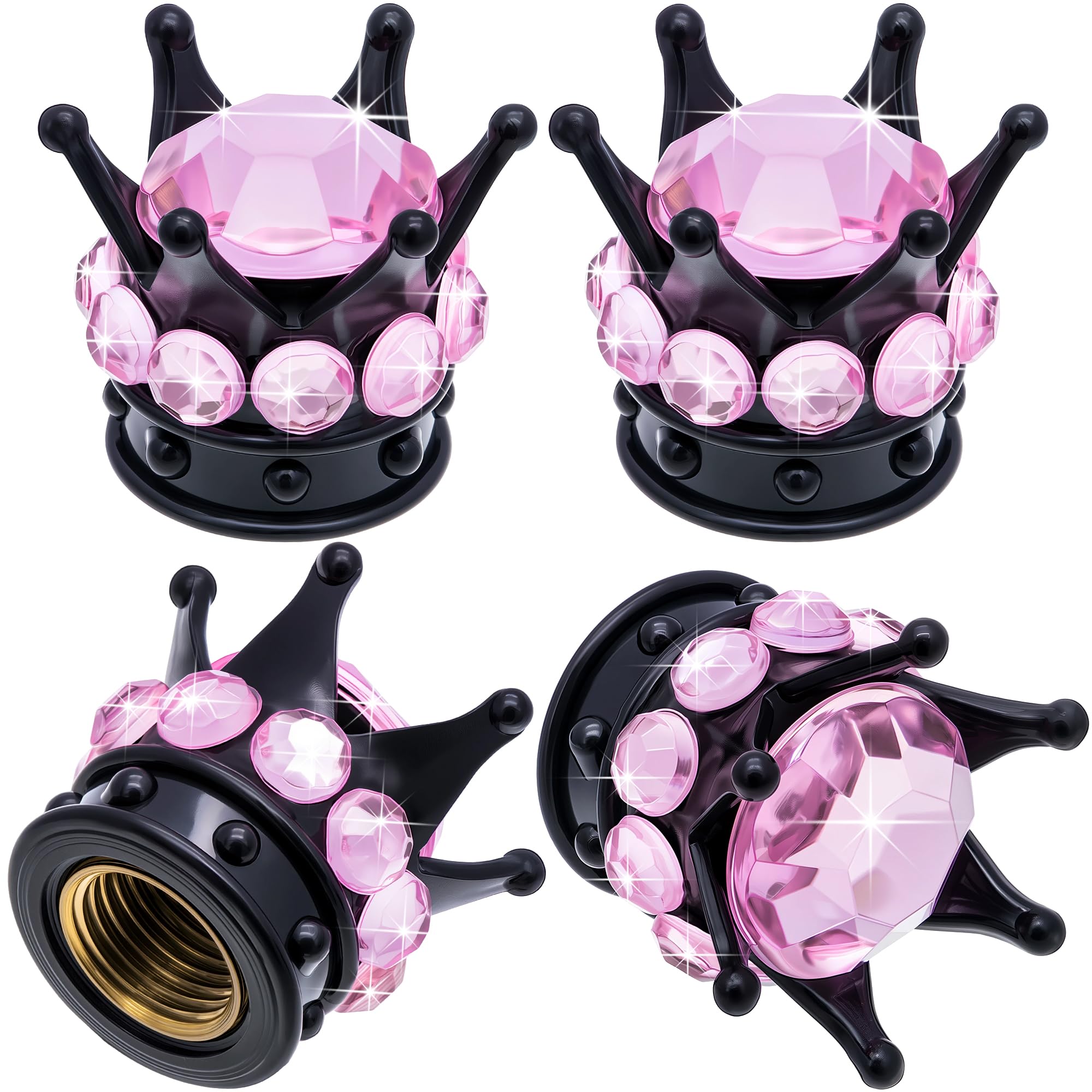 Photo 1 of *** 2 pieces missing** * MEAJOO 4PCS Crown Bling Tire Stem Valve Caps, Crystal Diamond Car Wheel Tire Valve Caps Universal Copper Core Stem Covers for Cars, SUV, Trucks, Bikes, Motorcycles, Bicycles (Black & Pink)