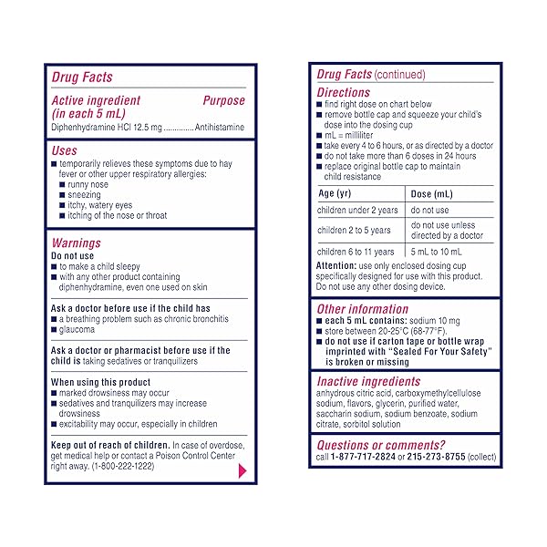 BENADRYL CHILDREN’S DYE-FREE ALLERGY RELIEF LIQUID, ALLERGY MEDICINE FOR KIDS, 12.5 MG DIPHENHYDRAMINE HCL ANTIHISTAMINE, RELIEVES RUNNY NOSE & SNEEZING, PARABEN-FREE, BUBBLE GUM FLAVOR, 8 FL.