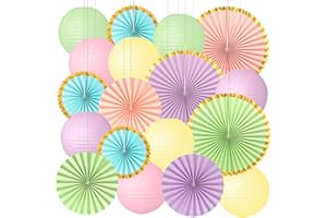 18 Pcs Pastel Party Decorations, Colorful Paper Lanterns Paper Fans with Gold-Edged Borders, Rainbow Party Decorations for Ho