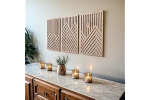 qmmp Modern Wooden Wall Sculptures - Set of 3 - MDF - Oak - Home Decor Accent - Large Wall Art for Living Room, Bedroom, Office - Easy Installation (Oak, Medium - Mountain and Sun, Unframed)