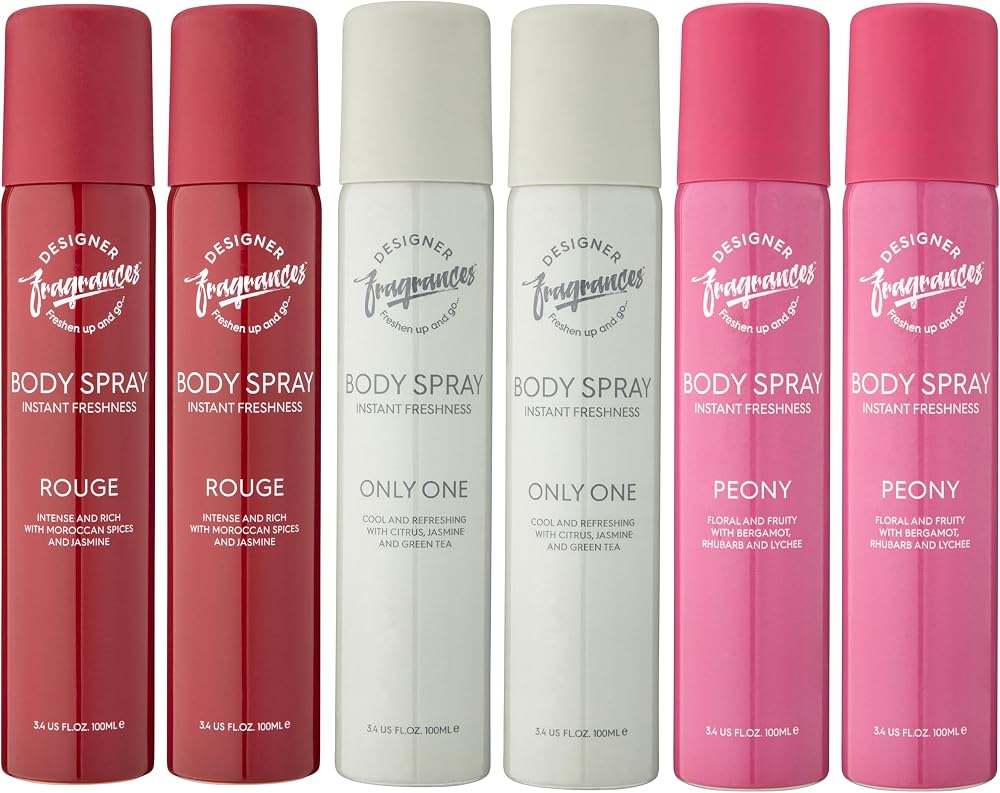 Designer Fragrances 6 Pack Assorted 100ml Women Body Sprays Rouge Only One Peony