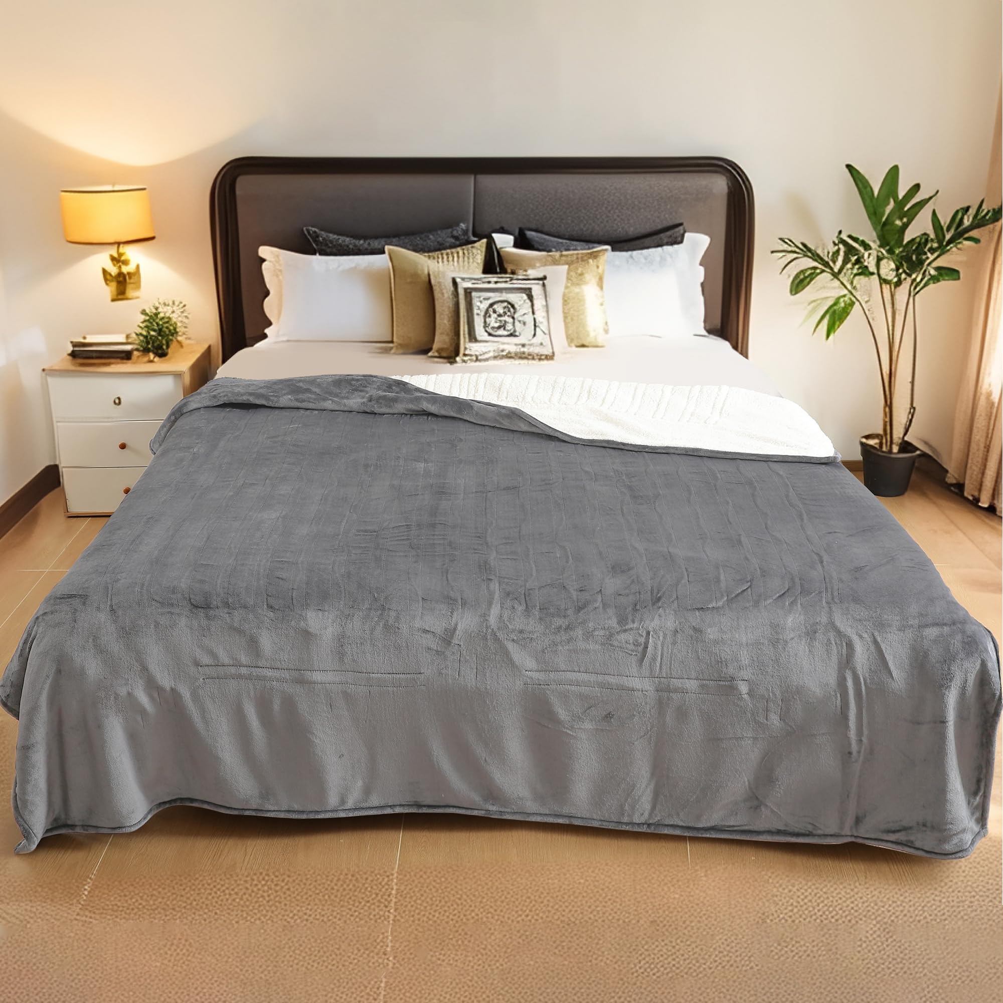 Photo 1 of Electric Heated Blanket Queen Size 84"x90", Soft Flannel & Sherpa, LCD Display 10 Heat Settings with 1-12H Timer & Overnight Safe, Dual Controllers, Bed & Couch, Machine Washable, Light Grey