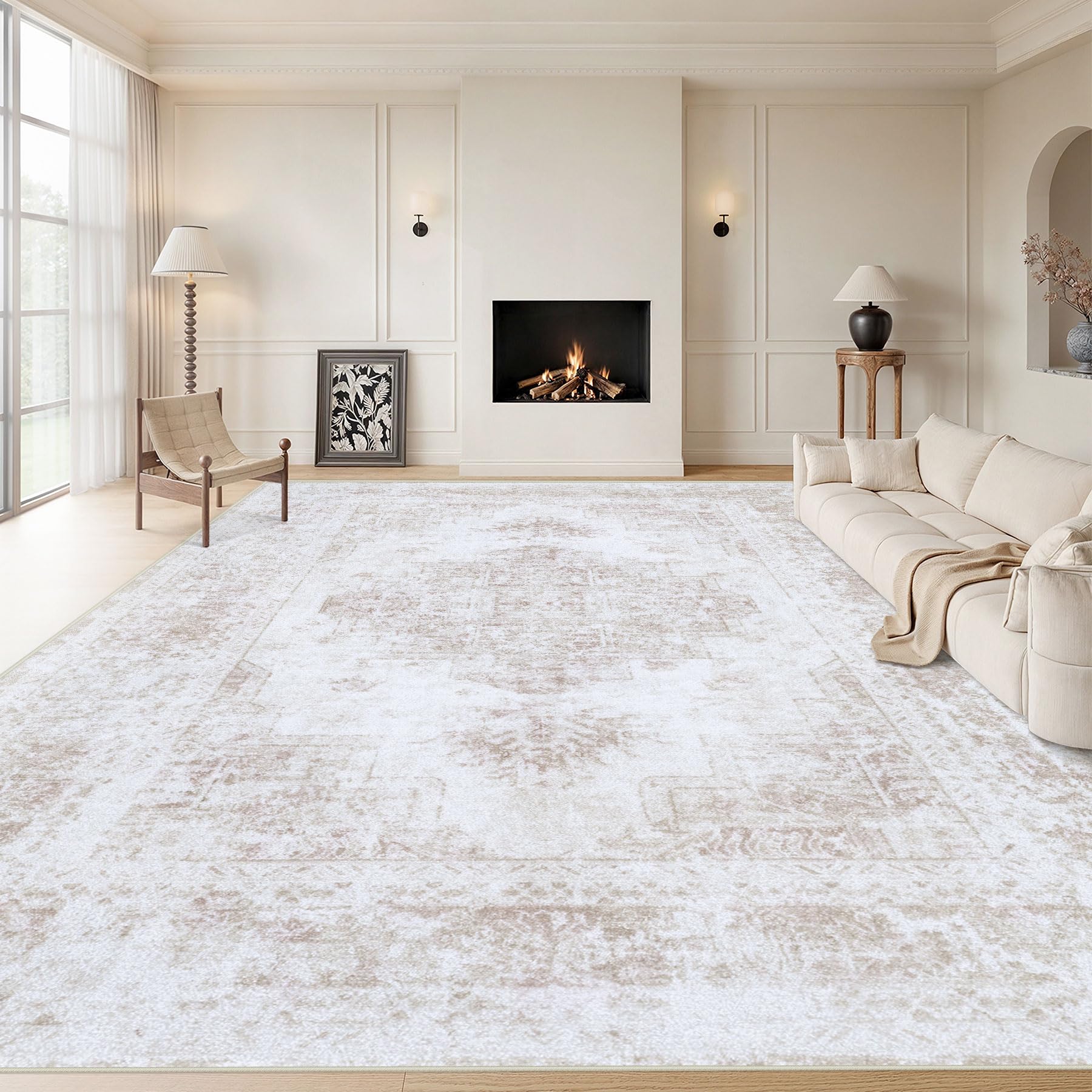 XLUEZ Area Rug 10x14 Living Room Rug, Machine Washable Vintage Distressed Medallion Rug Non-Slip Soft Low Pile Large Indoor Rugs for Bedroom Kitchen Dining Room Office(Beige,10'x14') Image