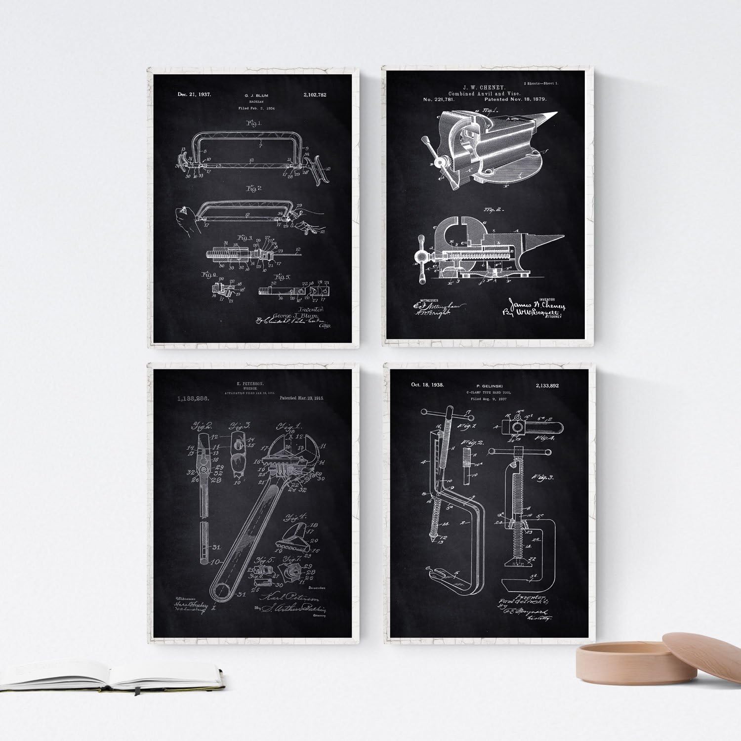 Nacnic Prints Vintage Patents Tools - Set of 4 - Unframed 8x11 inch Size - 250g Paper - Beautiful Poster Painting for Home Office Living Room