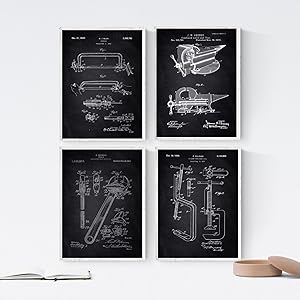 Nacnic Prints Vintage Patents Tools - Set of 4 - Unframed 8x11 inch Size - 250g Paper - Beautiful Poster Painting for Home Office Living Room